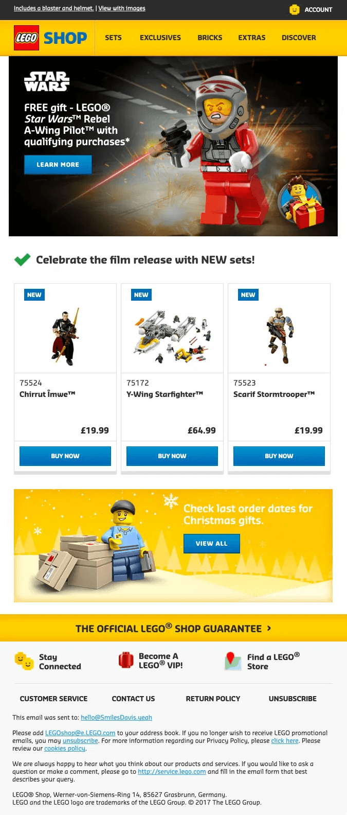 A screenshot of a LEGO promotional email announcing new Star Wars sets and a free gift offer for specific purchases, plus a reminder to check deadlines for Christmas orders
