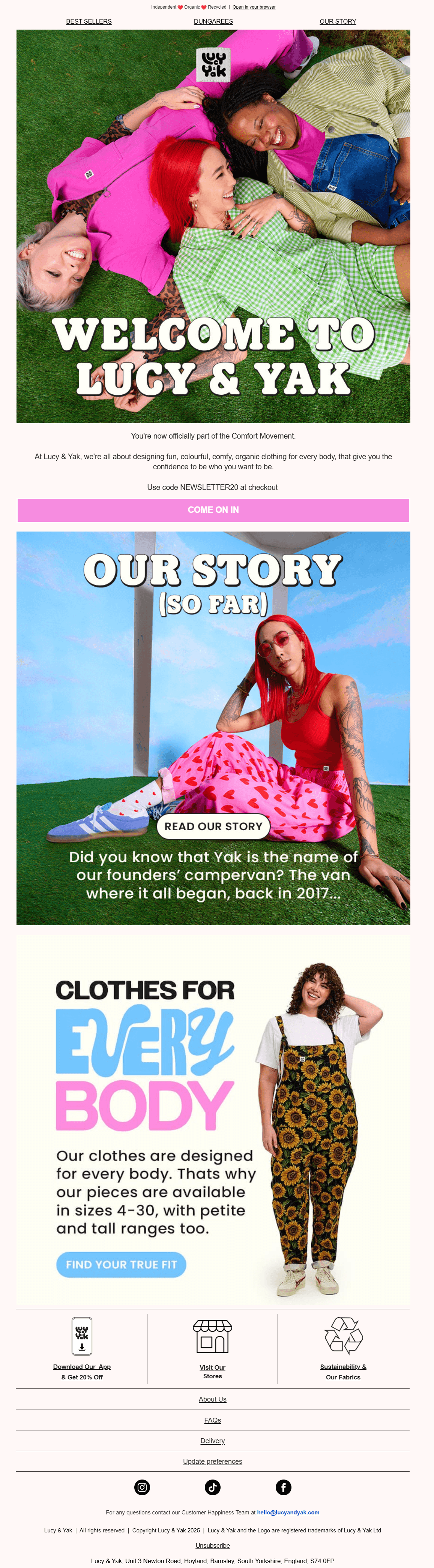 An image of Lucy & Yak's welcome email with a first-time discount for new subscribers, plus a CTA prompting readers to explore their inclusive clothing collection