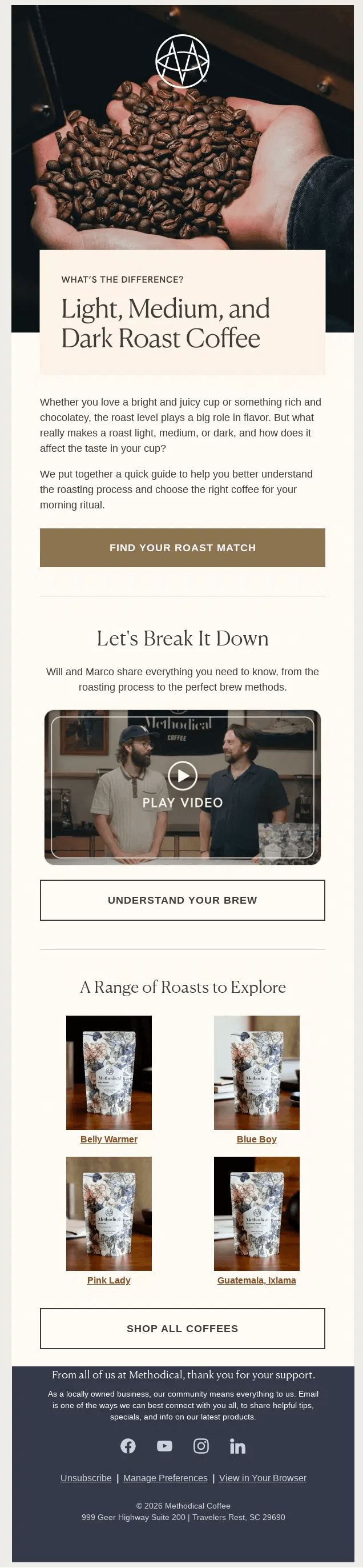 An image of Methodical Coffee's with educational resources that analyze the roasting process along with a CTA inviting subscribers to shop their coffee selection