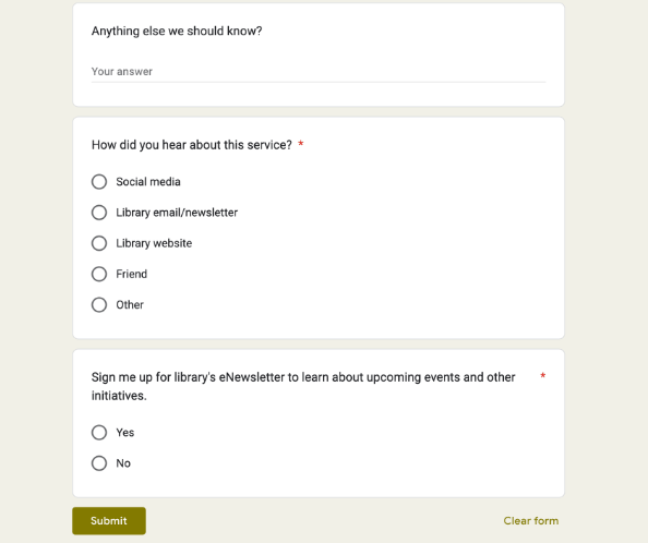 An image of Parsipanny Library's sign-up form asking visitors how they heard about their service and prompting them to opt in for their email and SMS campaigns