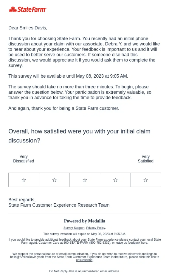 An image of State Farm's email with net promoter score survey (NPS) asking for feedback on a recent claim discussion with an associate