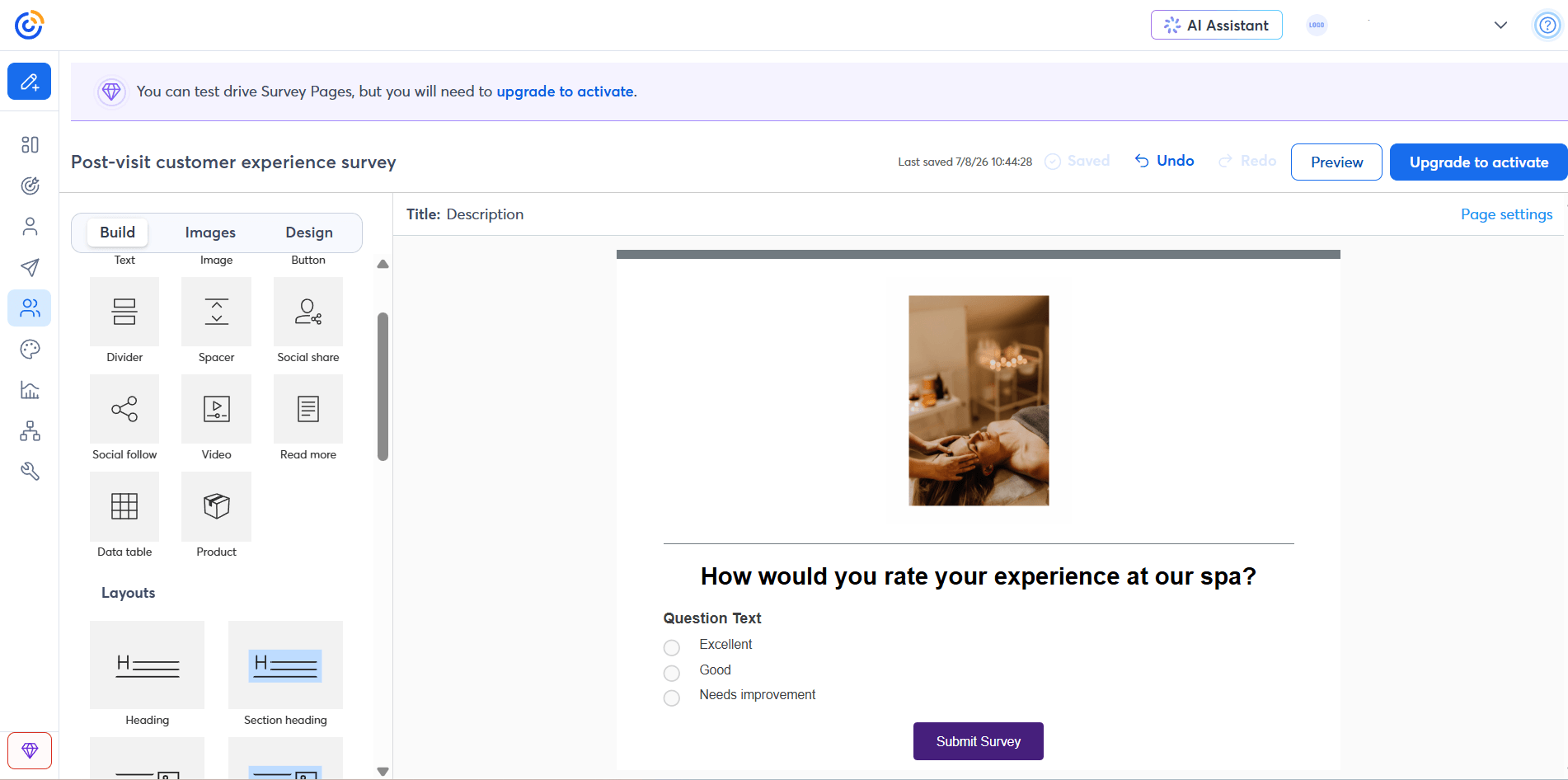A screenshot of Constant Contact's survey builder with a customer satisfaction survey and customization blocks in the right-side panel