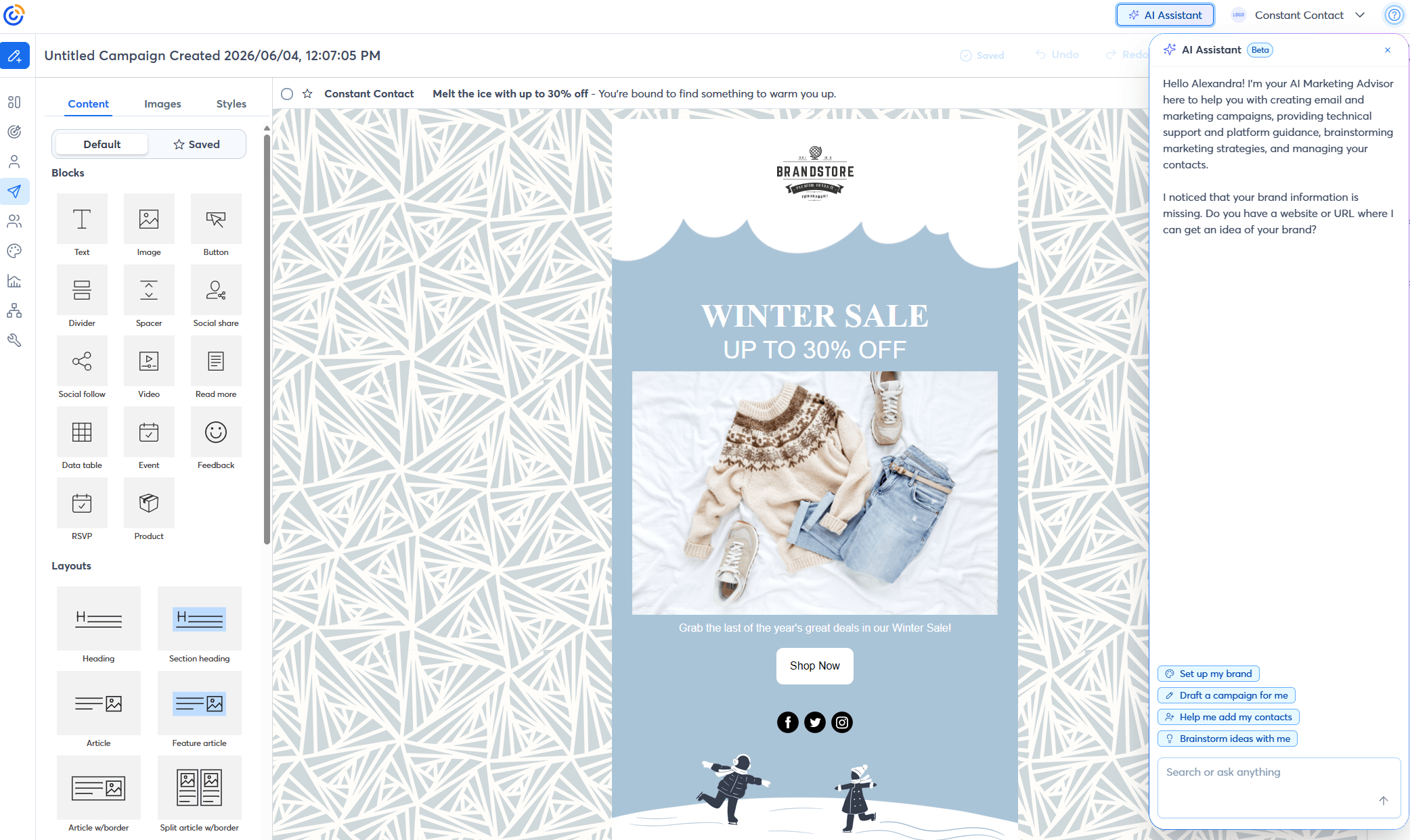 This screenshot shows the Constant Contact editor, a menu on the left side with content blocks and layouts, a pre-made winter sale template, and an AI assistant on the right.
