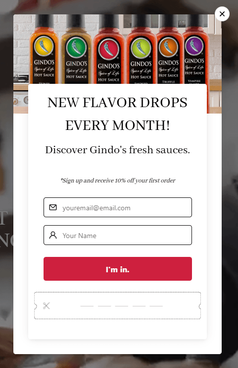 This image shows Gindo's Hot Sauce exit-intent pop-up form. It displays some of the products at the top and offers a 10% discount to new subscribers, with a red 'I'm in' CTA button.