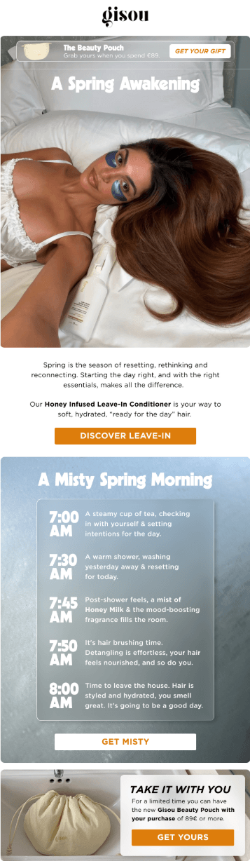 This image shows a product recommendation by Gisou, followed by a 'Misty Spring Morning' timeline, and a gift with purchases of 89 euros or more.