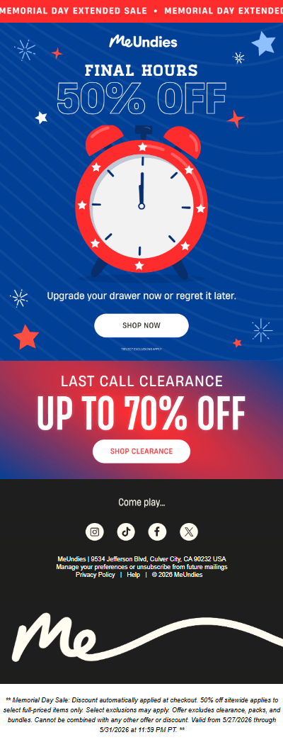 This image shows MeUndies' last call Memorial Day sale campaign offering 50% off. Visually, it includes a clock and another last-call notice for a 70% off clearance sale.