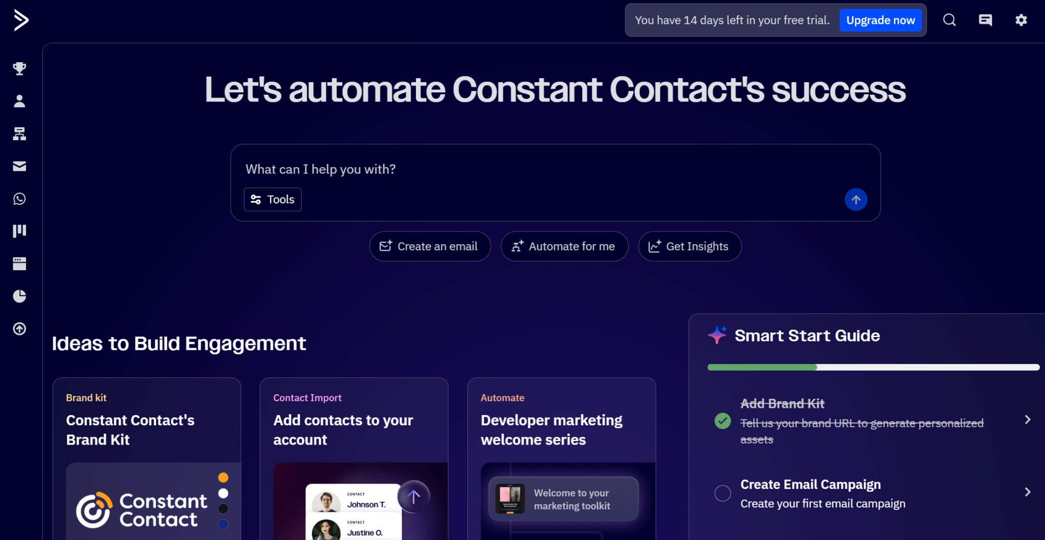 This is an image of ActiveCampaign&rsquo;s AI-powered dashboard that enables users to create email campaigns, build automations, and manage marketing tasks from a single workspace.