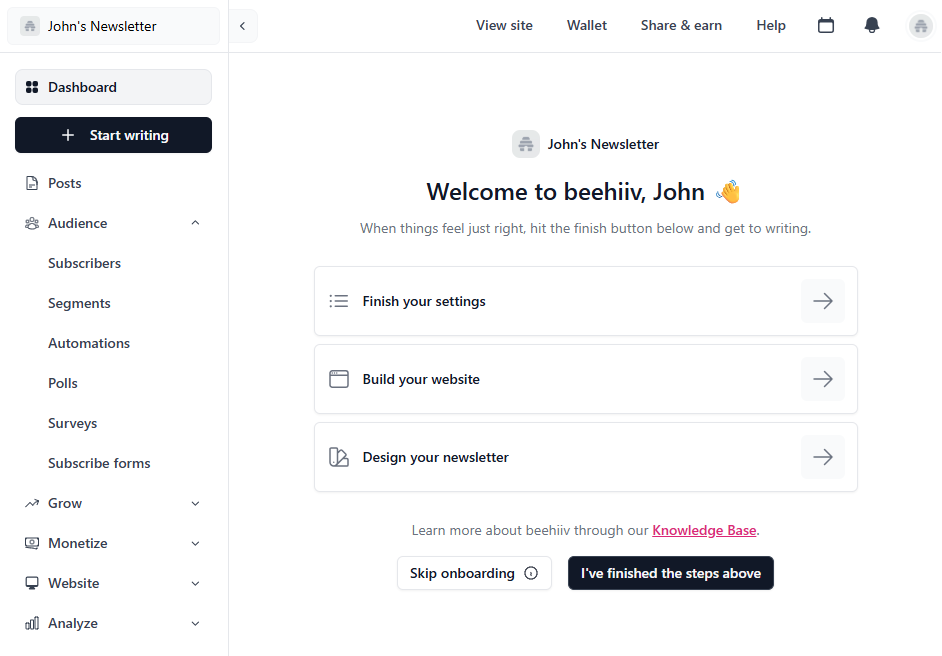 This is an image of beehiiv&rsquo;s dashboard that walks new users through newsletter setup while providing tools for audience growth, website creation, automation, and publication analytics.