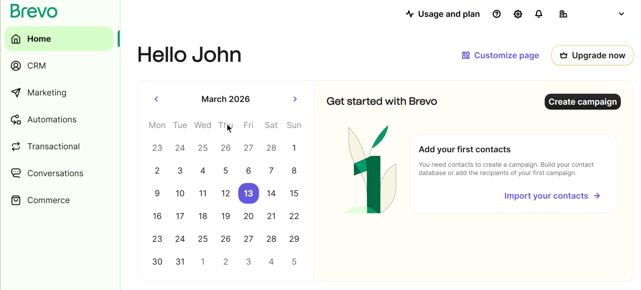 This is an image of Brevo&rsquo;s dashboard that features a calendar that lets you access your planned email marketing campaigns, add new contacts, and create new campaigns.&nbsp;