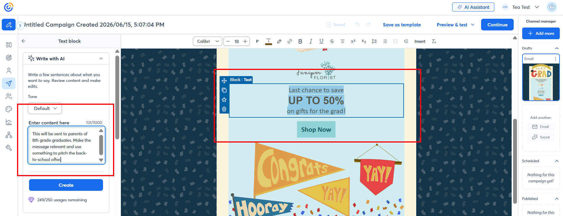 This is an image of an example of a prompt for Constant Contact's AI Writer