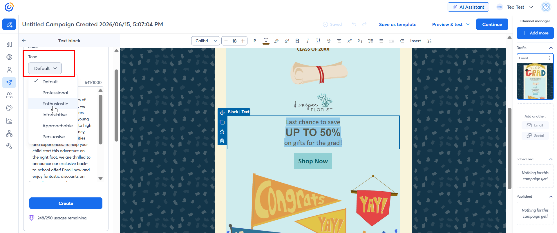 This is an image of tone change example for Constant Contact's AI Writer.
