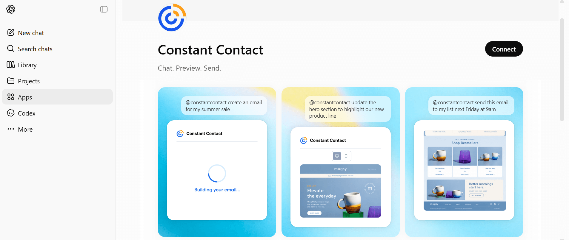 This is the interface of the Constant Contact App for ChatGPT.