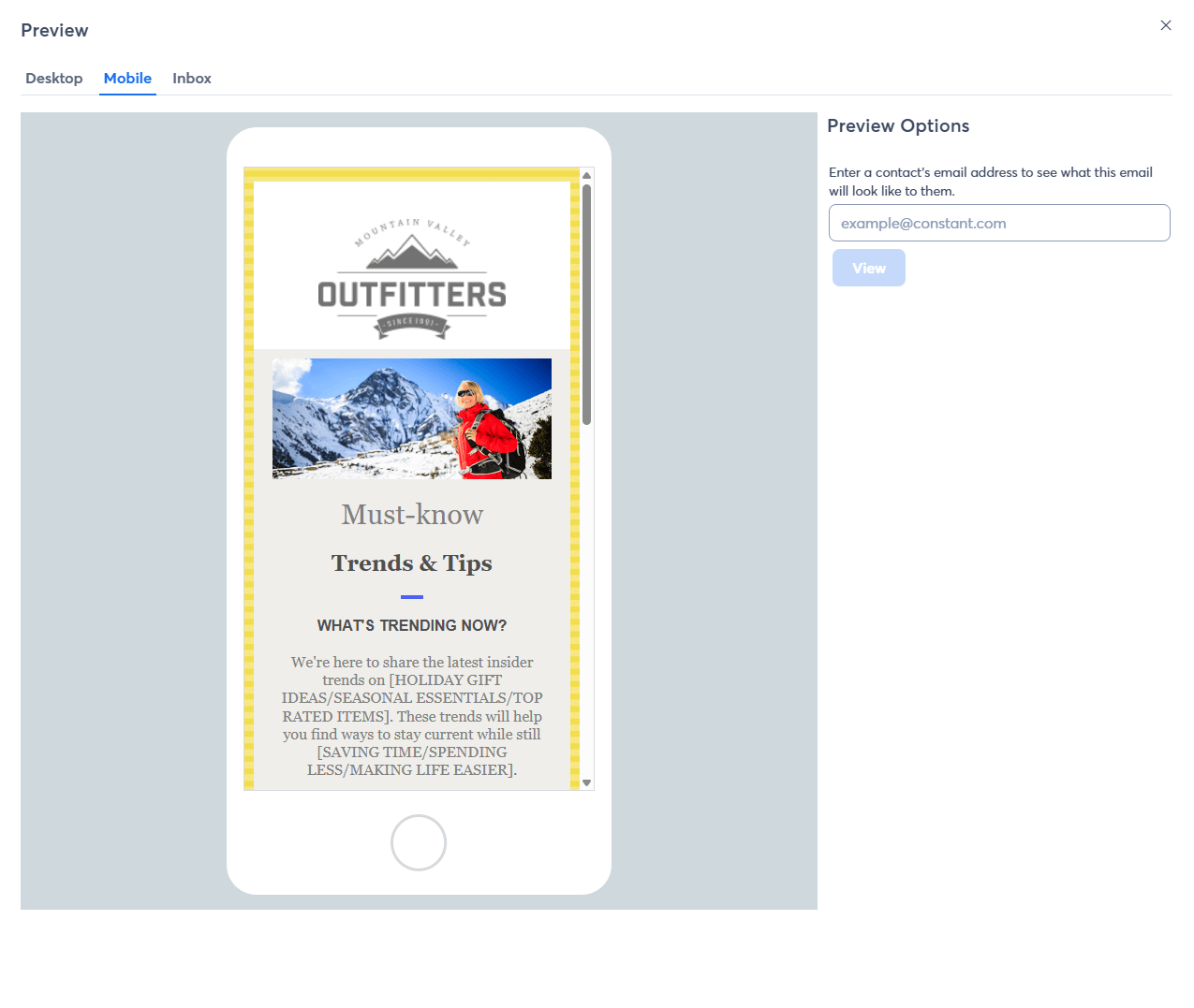 This screenshot shows Constant Contact's mobile preview option and a responsive pre-made template.