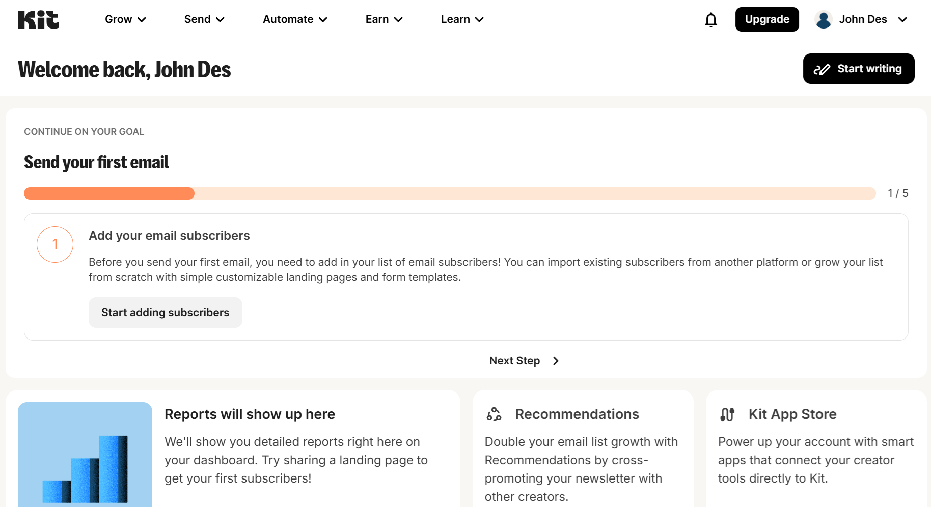 This is an image of Kit&rsquo;s email marketing dashboard that walks new users through email setup.