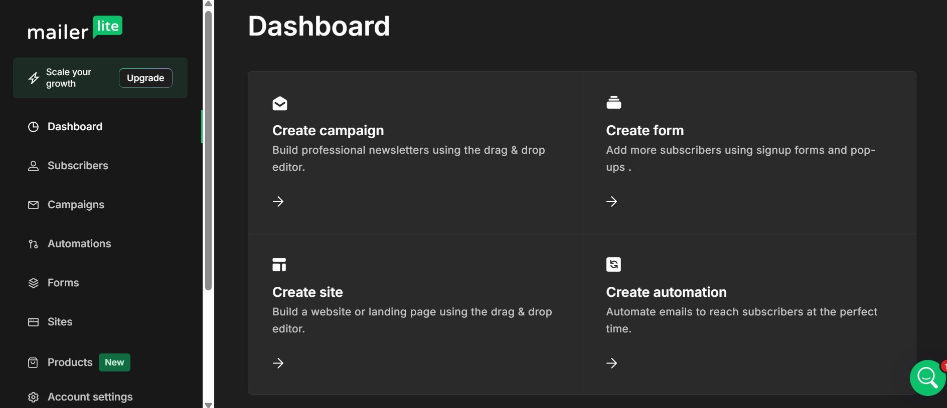 This is an image of MailerLite&rsquo;s dashboard that gives users a central place to create campaigns, build forms and landing pages, automate emails, and monitor subscriber growth.