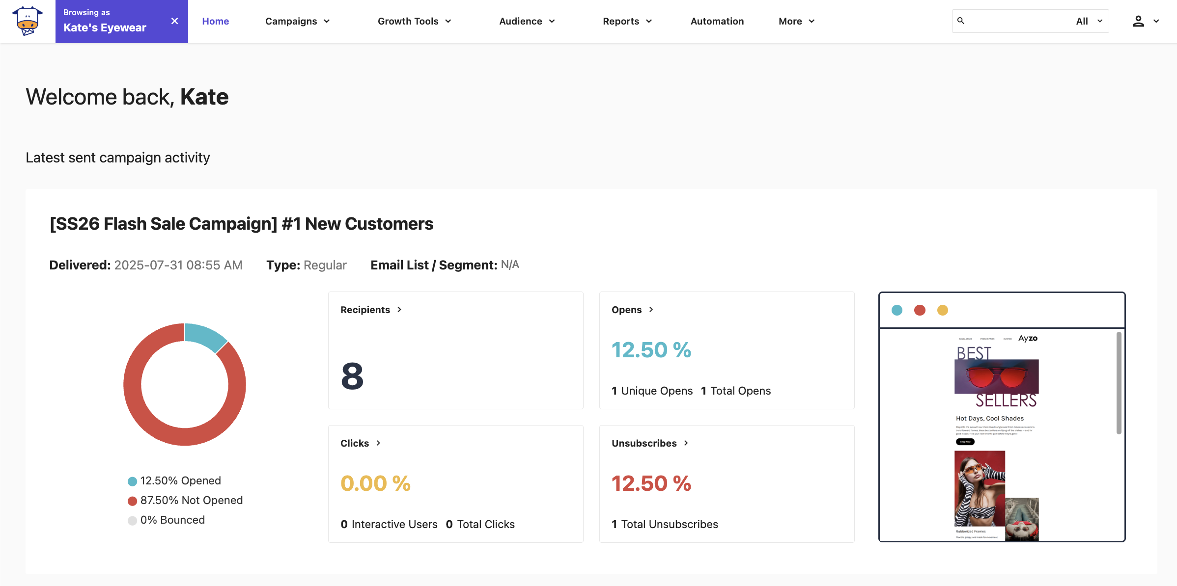 This is an image of Moosend&rsquo;s email marketing dashboard that highlights key email campaign metrics, making it easy to review engagement, monitor performance, and identify areas for improvement.