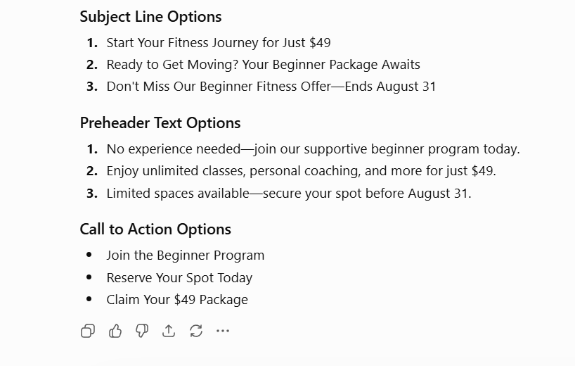 This is an example of the output of a ChatGPT prompt for easier email marketing campaign generation.