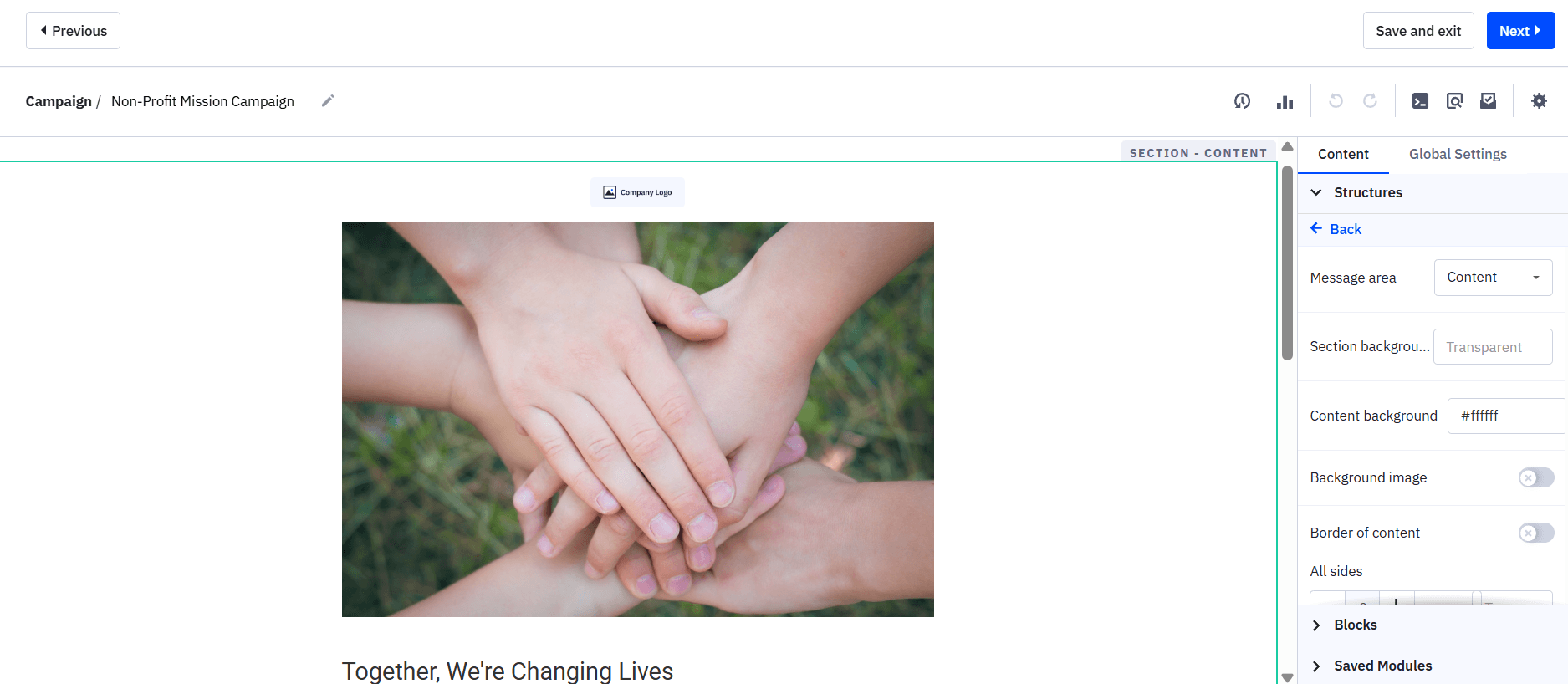 Screenshot of ActiveCampaign's email editor with design options to customize a nonprofit awareness campaign.