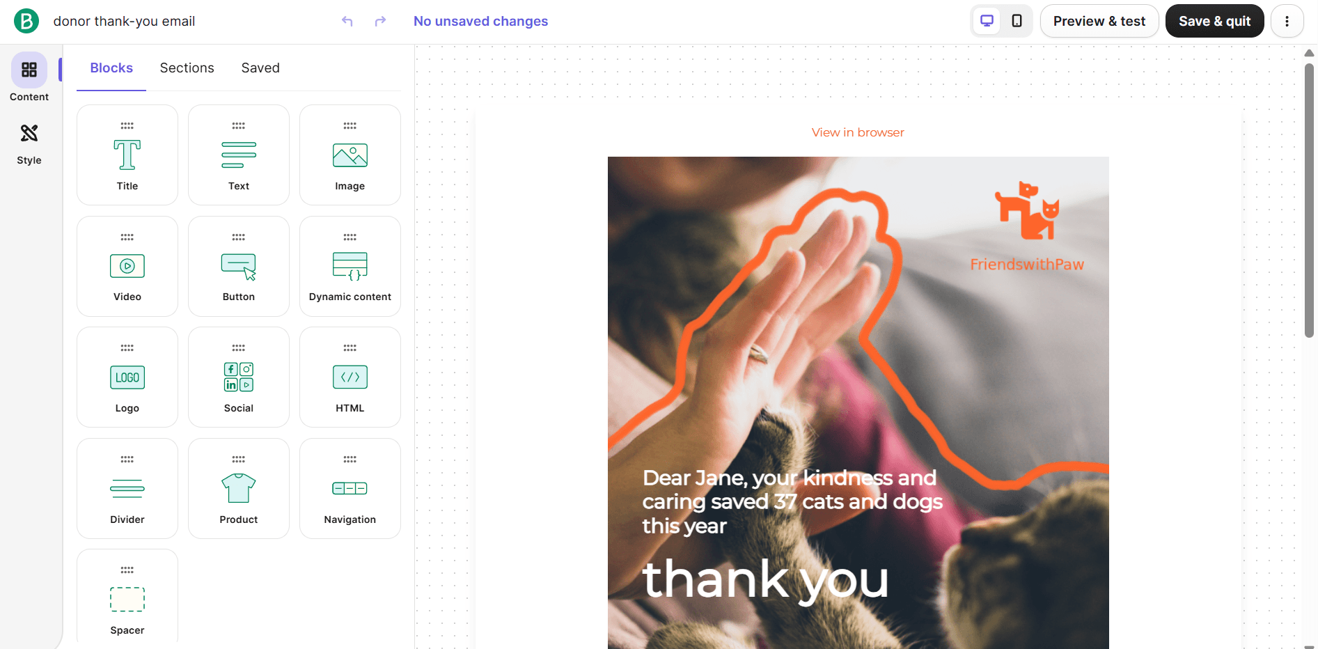 Image of Brevo's email builder featuring design blocks and a donor thank-you email template