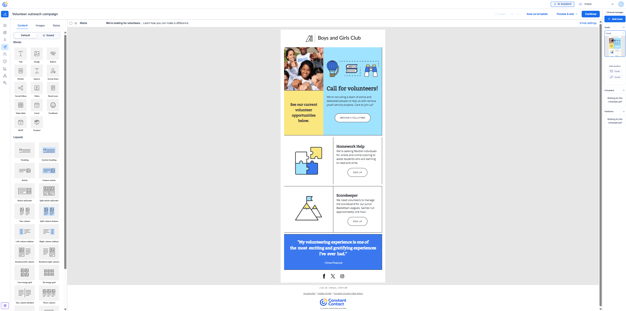 Screenshot of Constant Contact's email editor with a sidebar of content blocks and layouts alongside a preview of a volunteer recruitment email