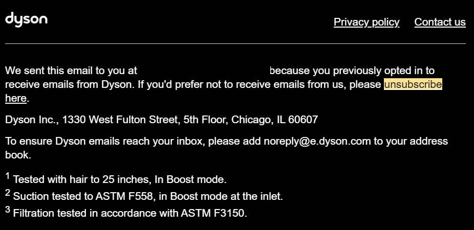 Dyson's unsubscribe message and link on the footer of an email