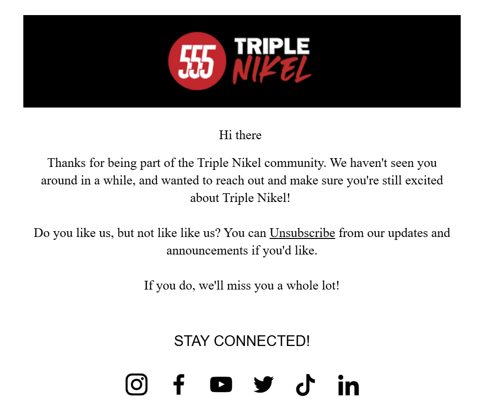 Triple Nikel's re-engagement email