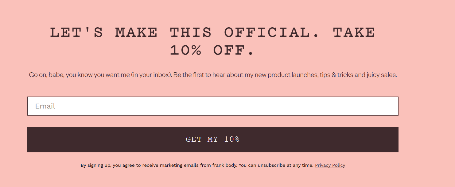 Frank Body's email list opt-in form