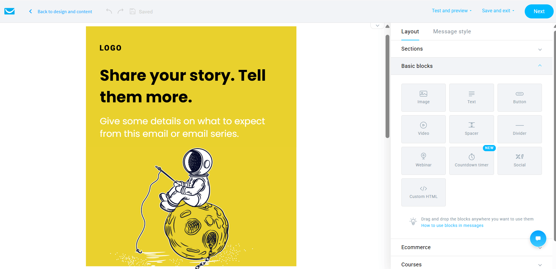 Image of GetResponse's email builder showing a simple pre-made template and basic content blocks 