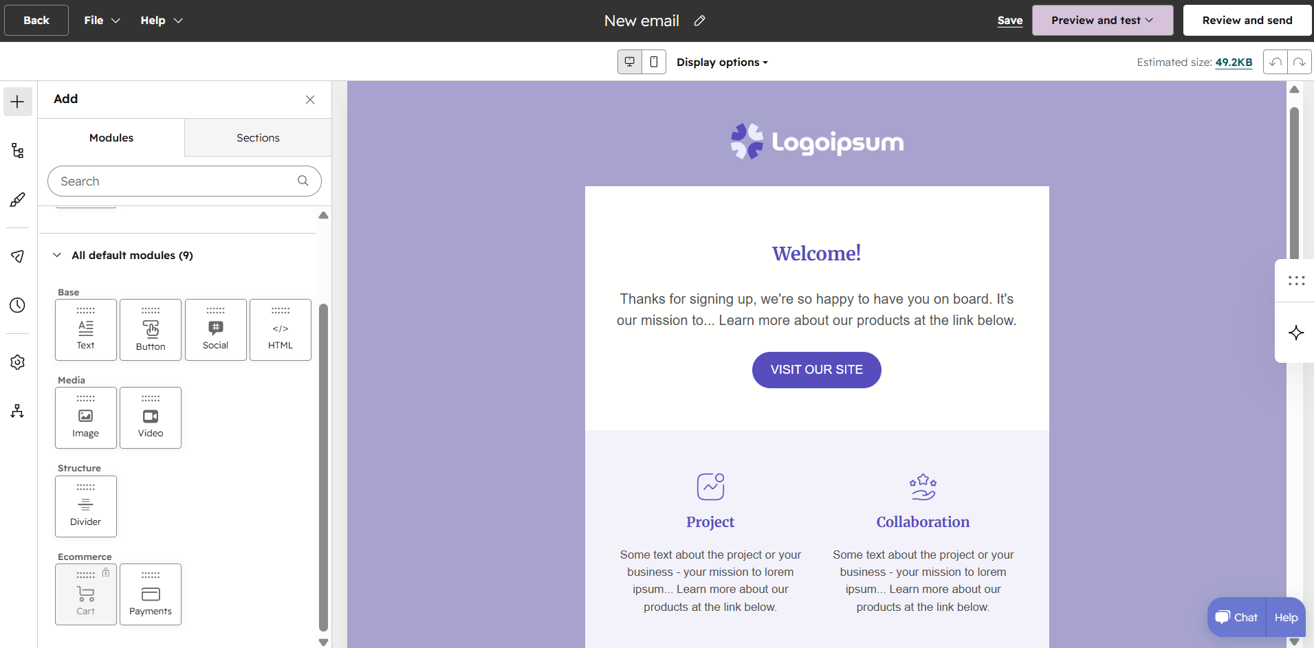 Screenshot of HubSpot's email editor with a basic welcome template and default models to tweak the design