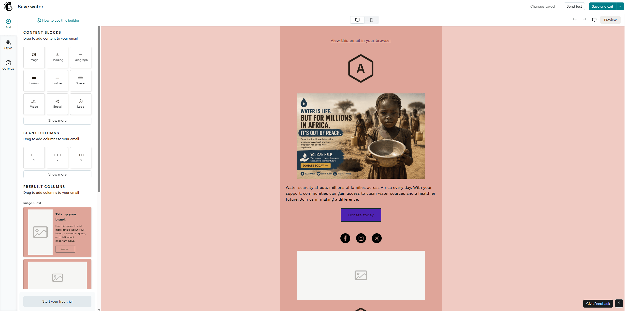 Image of Mailchimp's email builder with a basic pre-made charity template and design customization options