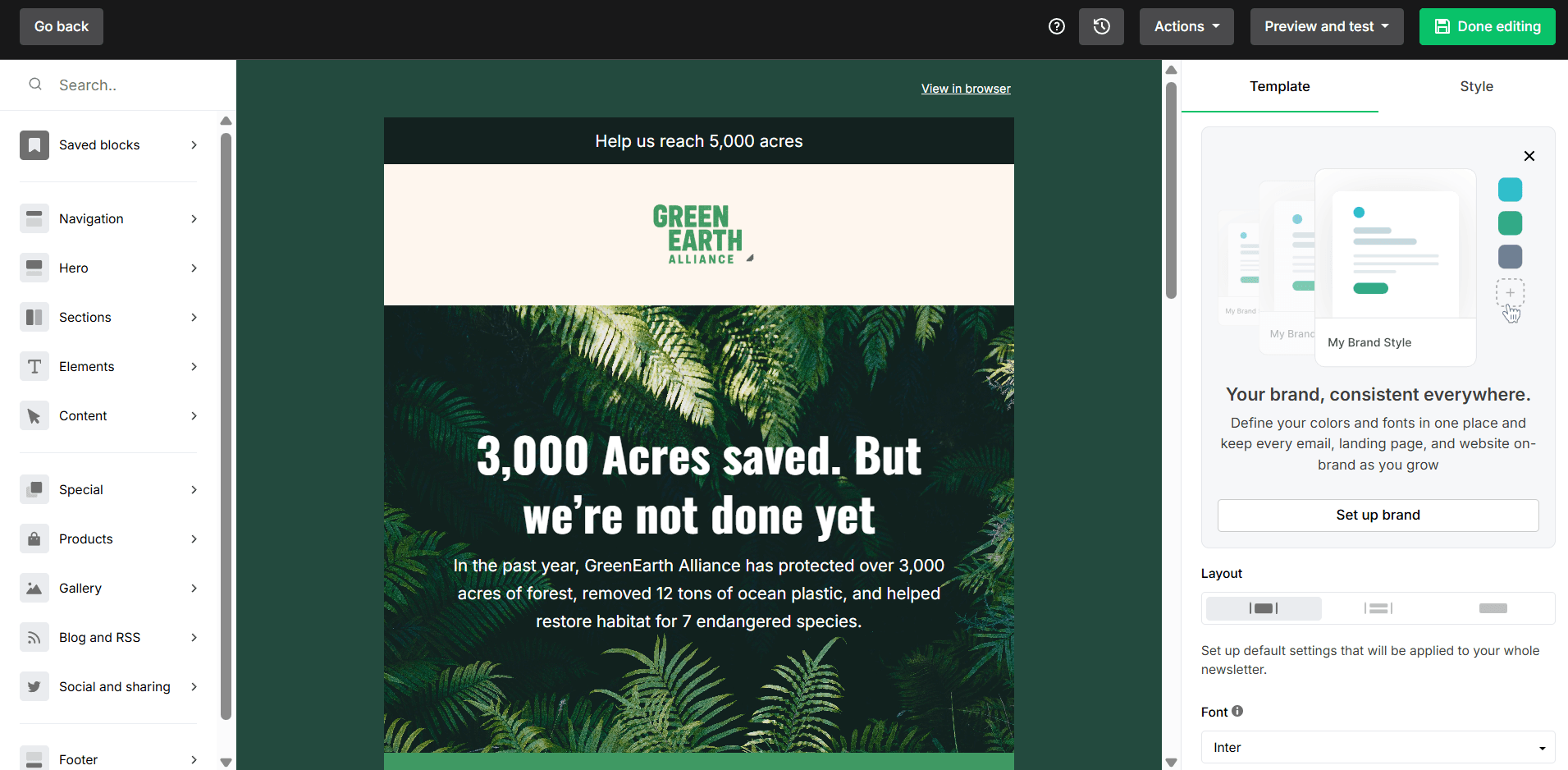 Image of MailerLite's email editor featuring a sidebar of content blocks next to a ready-made template for a fundraising campaign