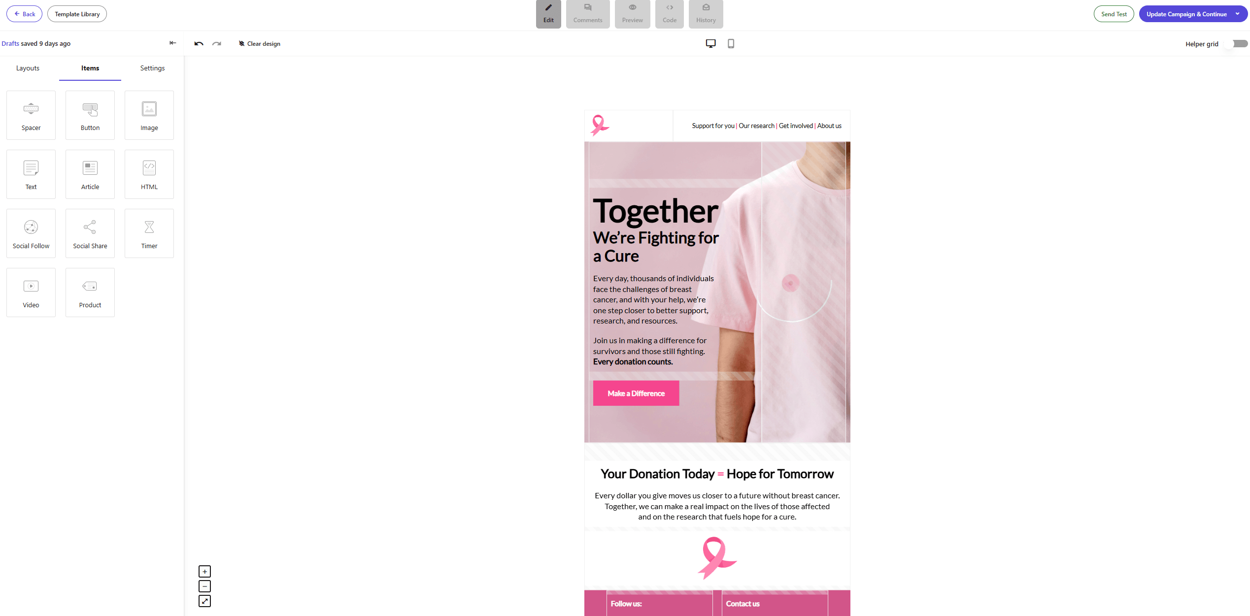 Screenshot of Moosend's email editor with a breast cancer fundraising campaign and a right-side panel with content blocks to customize it