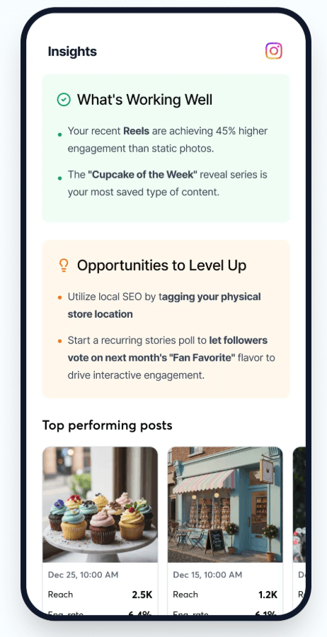 Screenshot of Constant Contact Social Insights showing what works well, what can be improved, and top performing posts.
