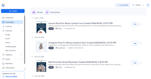 Image of Constant Contact's campaign dashboard with promotional recommendations and a left-side menu for more actions across different channels.