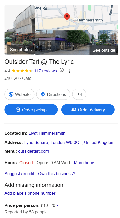 Image of Outsider Tart's Google Business profile providing important information to searchers such as, location, menu, address, opening hours, and estimated price per person.