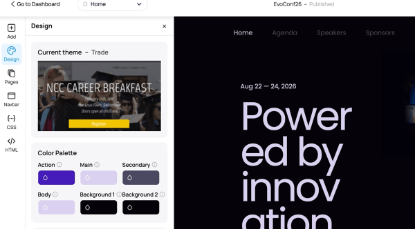 An image showing Bizzabo's drag-and-drop website builder where you customize layouts, colors, and content blocks while previewing your event page in real time.