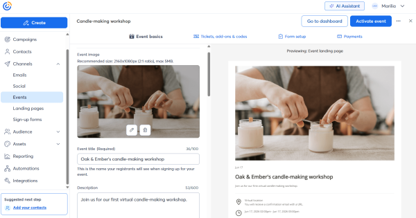 An image that shows how Constant Contact's event builder lets you create and preview your event landing page side by side as you make changes. 