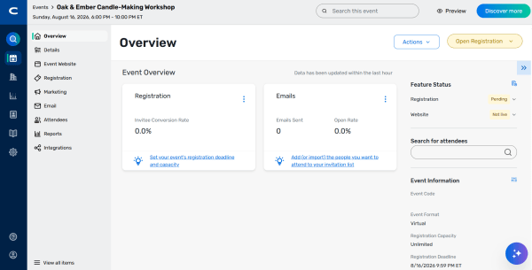 A screenshot showing Cvent's dedicated dashboard for managing registration, marketing, attendee data, and reporting.