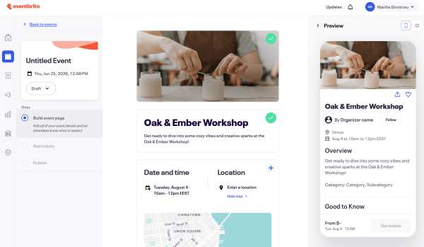 A visual that shows Eventbrite's event page builder and how you can create your event page while previewing exactly how it will appear on desktop and mobile. 