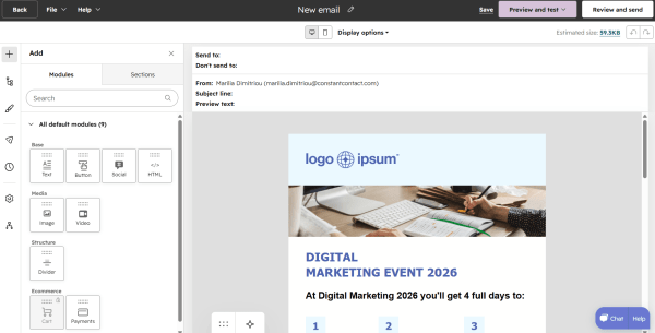 An image that shows HubSpot&rsquo;s email template editor that lets you customize event emails with drag-and-drop content blocks. 