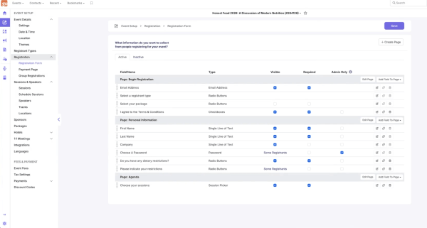 This image from Swoogo's platform shows how organizers can build customized registration forms with different field types, required questions, and attendee-specific registration paths. 