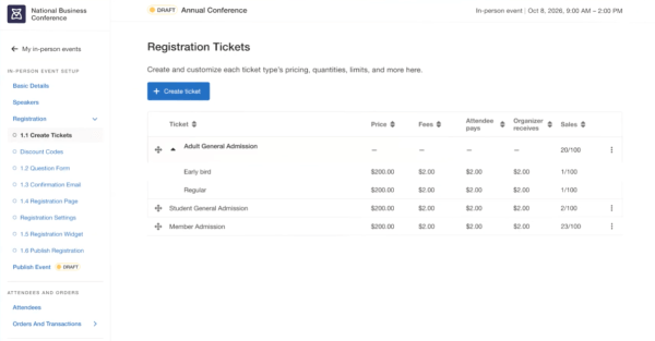 A screenshot from Whova event platform. It lets organizers create multiple ticket types, set pricing, and manage registration limits from a centralized dashboard. 