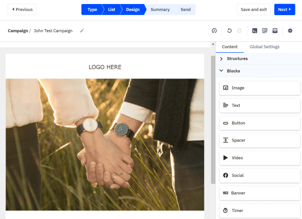 This is a screenshot from ActiveCampaign's email template editor alongside the available content blocks you can use in your email campaign.