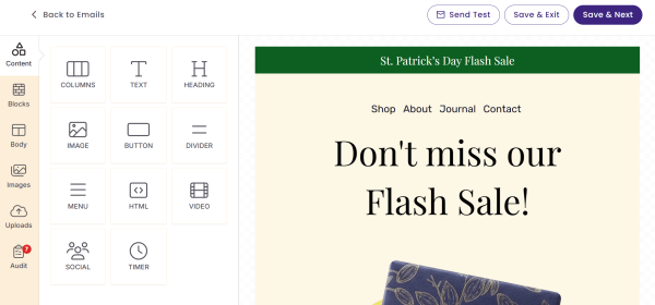 This is a screenshot of Benchmark Email&rsquo;s drag-and-drop editor showing content blocks such as columns, text, headings, images, buttons, dividers, menus, HTML, videos, social icons, and timers next to a promotional email template.