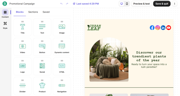This is a screenshot of Brevo&rsquo;s email editor showing content blocks such as titles, text, images, videos, buttons, dynamic content, and social elements alongside a newsletter template preview.