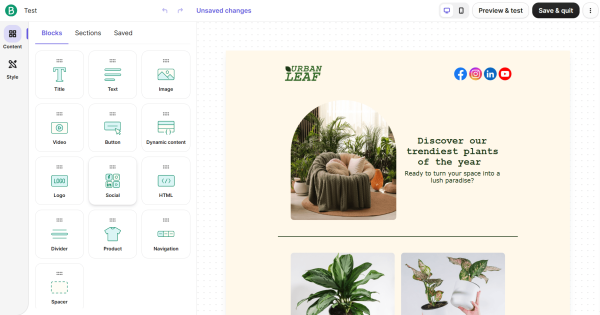 Screenshot of the Brevo email campaign editor displaying reusable drag-and-drop content blocks and a pre-designed promotional email layout inside the editing workspace.