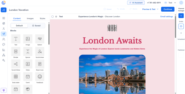 The image shows an email marketing platform for UK businesses, and more specifically, Constant Contact's email builder along with various content blocks and an email campaign created with the AI template builder.