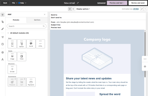 This is an image of HubSpot's drag-and-drop email editor showing content modules such as text, buttons, social icons, images, videos, products, carts, and payment blocks in the left sidebar. The main workspace displays a simple newsletter template with editable content and email settings.
