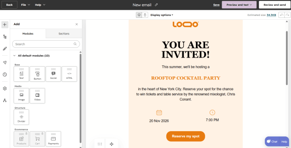 Image of the HubSpot email editor displaying content modules, including basic and media elements, in the side panel next to a customisable email campaign template in the editing workspace.