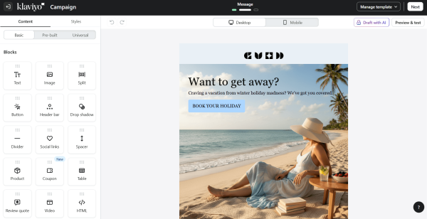 This image shows Klaviyo's email builder along with the content creation blocks and a pre-made email template. 